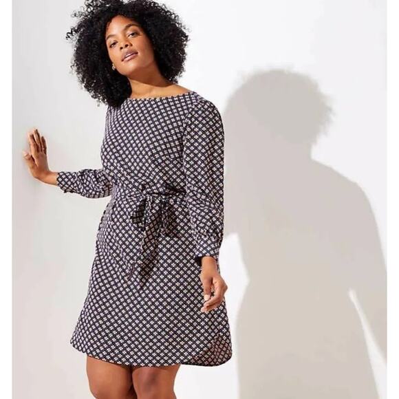LOFT Plus Mosaic Tie Waist Long Sleeve Shirt Dress Women's Size 18 - Picture 1 of 10